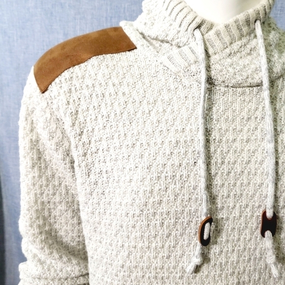 X-RAY Shawl Collar Pullover Sweater Faux Suede Shoulder Patches Oatmeal Men's M - Picture 4 of 10